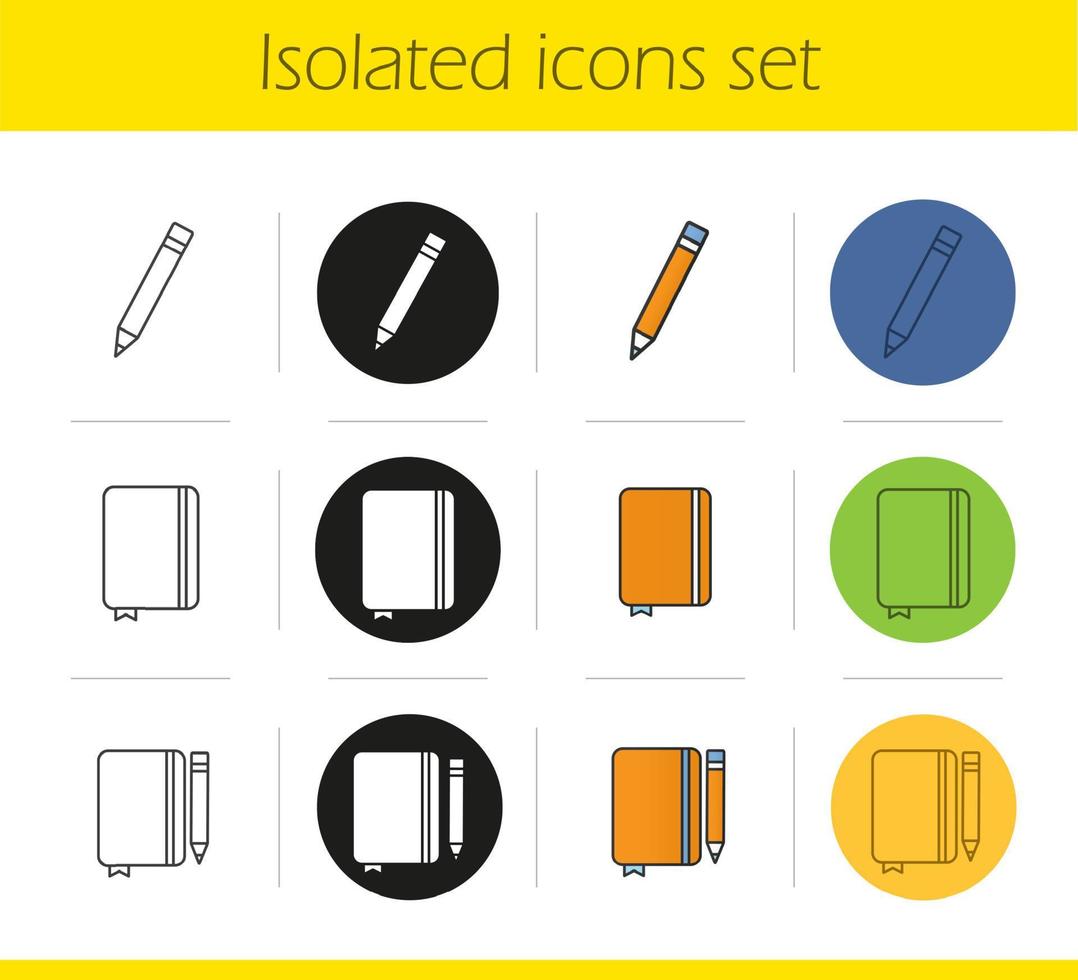 Diary notebooks with pencils icons set. Linear, black and color styles. Notepads with bookmarks. Isolated vector illustrations