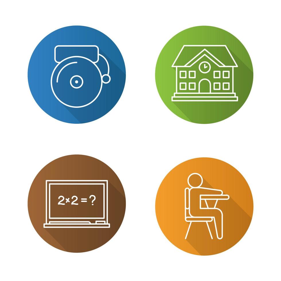 Education flat linear long shadow icons set. School building, bell, pupil sitting in classroom, blackboard. Vector outline illustration