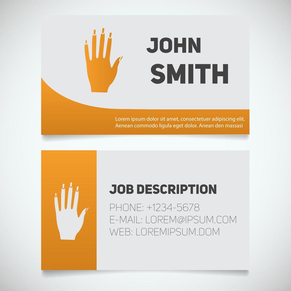 Business card print template with manicure logo. Manager. Manicurist. Woman's hand with manicure. Stationery design concept. Vector illustration
