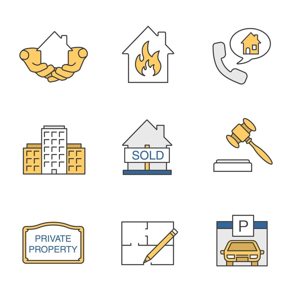 Real estate market color icons set. House in hands, multi-storey building, floor plan, parking place, sold house, private property sign, gavel. Isolated vector illustrations