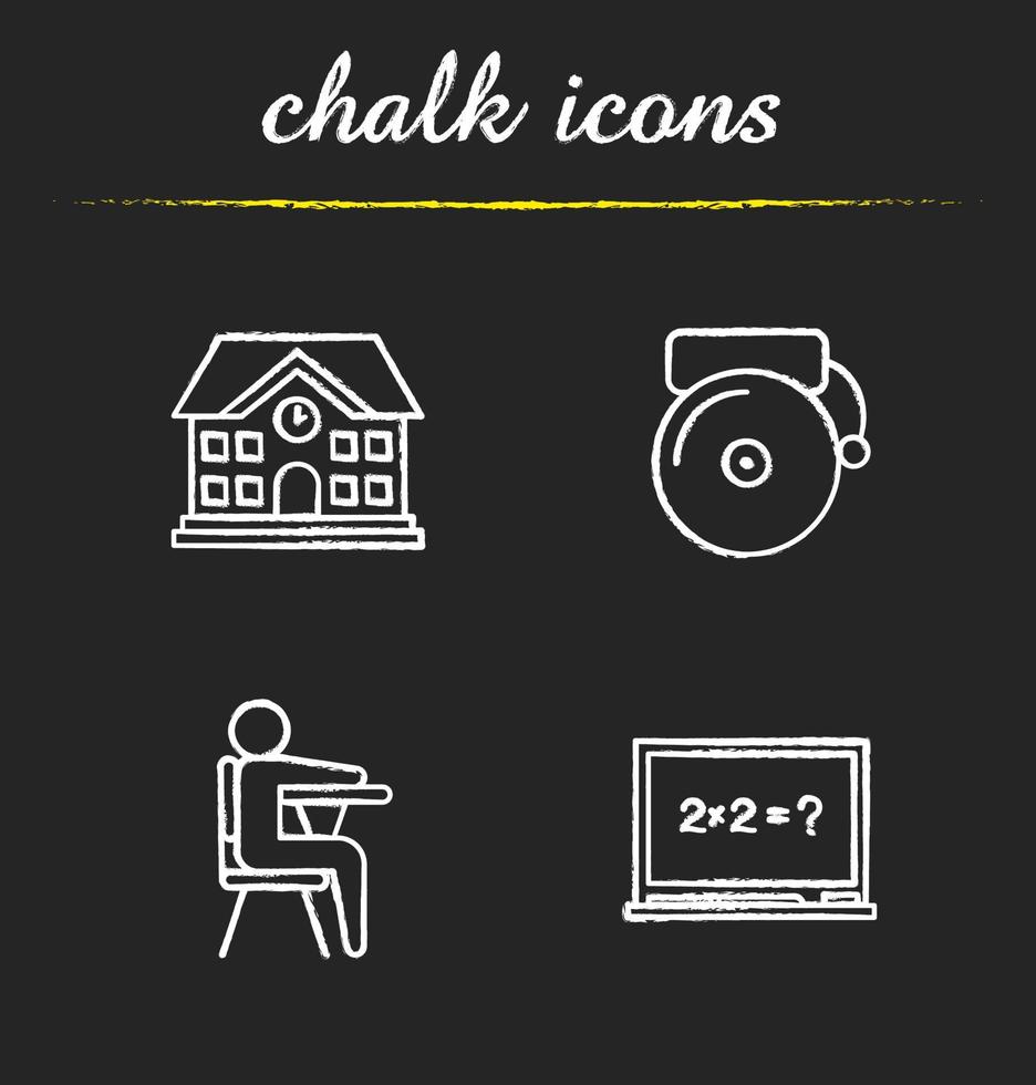 Education chalk icons set. School building, bell, pupil sitting in classroom, blackboard. Isolated vector chalkboard illustrations