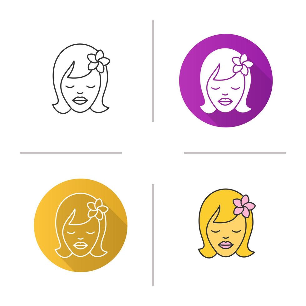 Girl with plumeria flower icon. Flat design, linear and color styles. Aromatherapy. Isolated vector illustrations