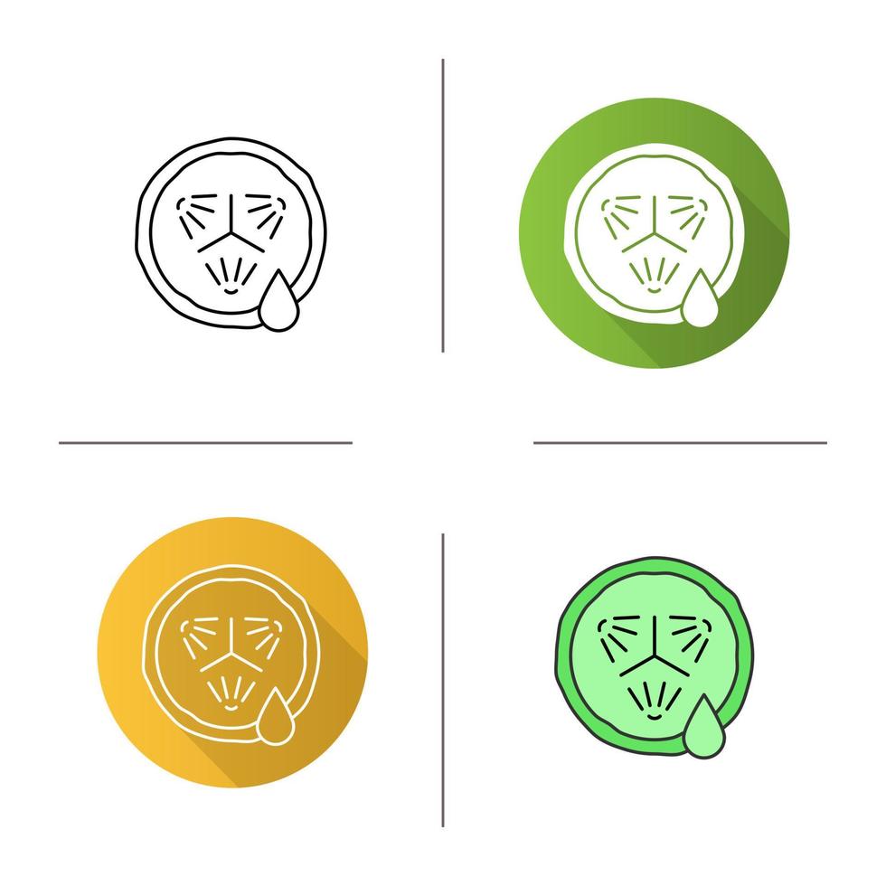 Cucumber slice with juice icon. Flat design, linear and color styles. Spa. Cucumber facial mask. Isolated vector illustrations