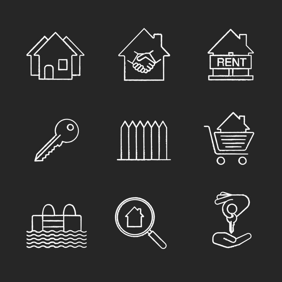 Real estate market chalk icons set. Neighborhood, house for rent, key, fence, swimming pool, real estate deal, homebuyer, shopping cart with house inside. Isolated vector chalkboard illustrations