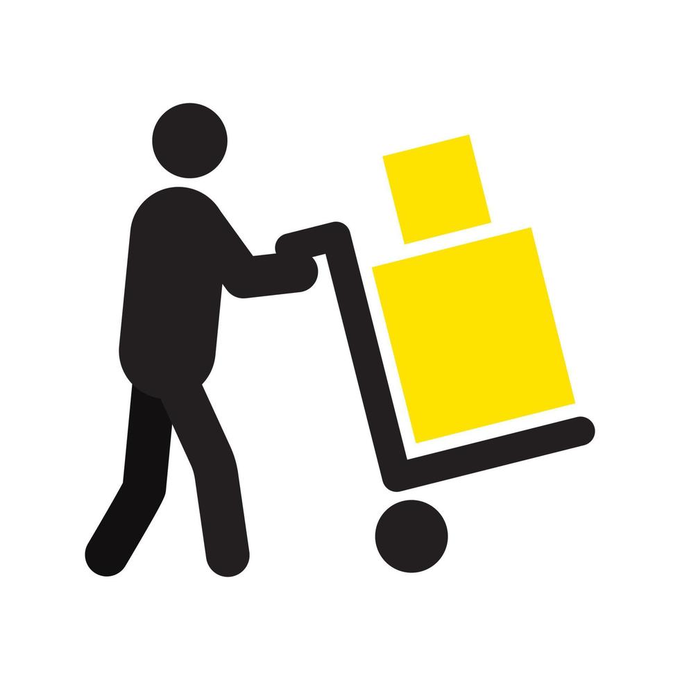 Man carrying two boxes with hand truck silhouette. Hand cart. Delivery service. Shipment. Parcel. Removals. Baggage. Isolated vector illustration. Deliveryman, courier