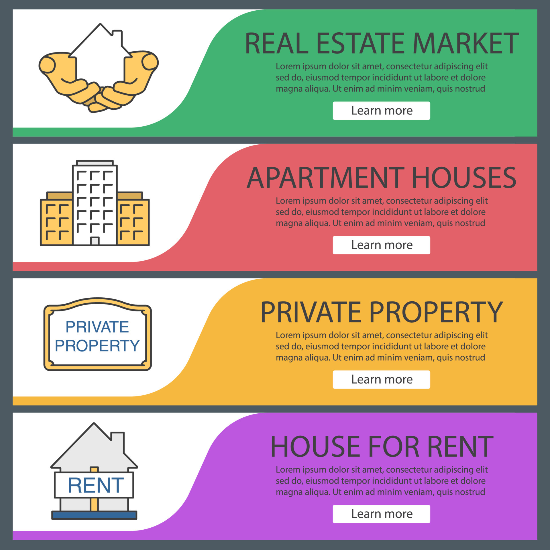 Real estate web banner templates set. House in hands, multistorey
