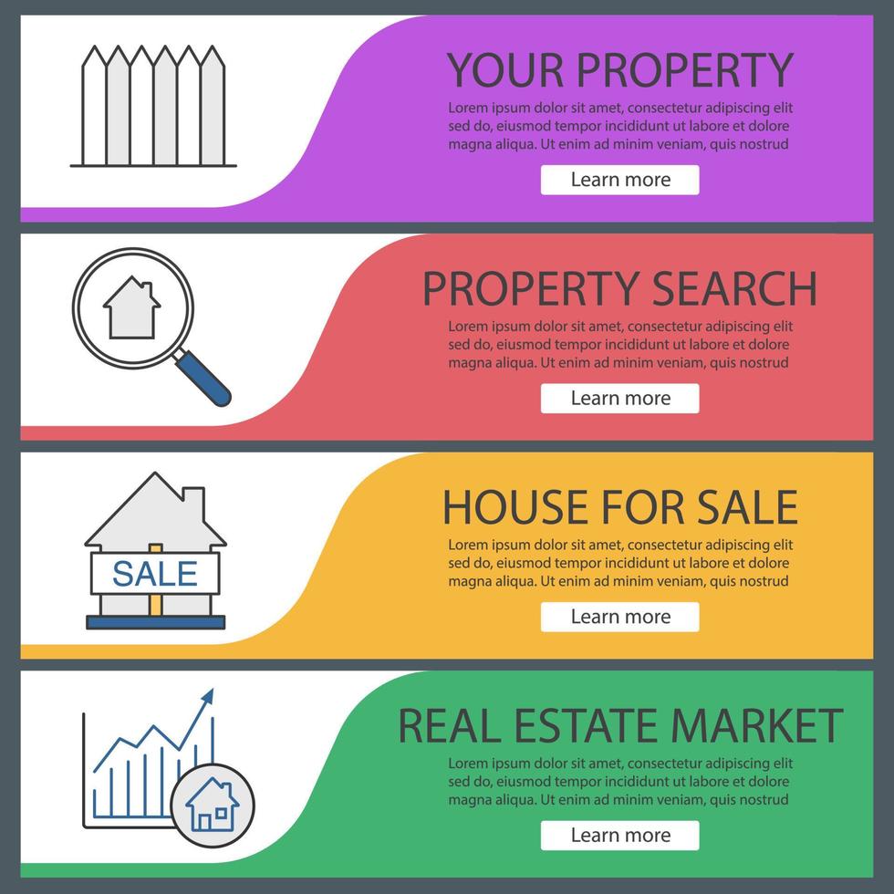 Conjunto de plantillas de banner web de mercado inmobiliario. valla, búsqueda de propiedad, casa en venta, tabla de crecimiento del mercado. elementos del menú de color del sitio web. conceptos de diseño de encabezados vectoriales vector