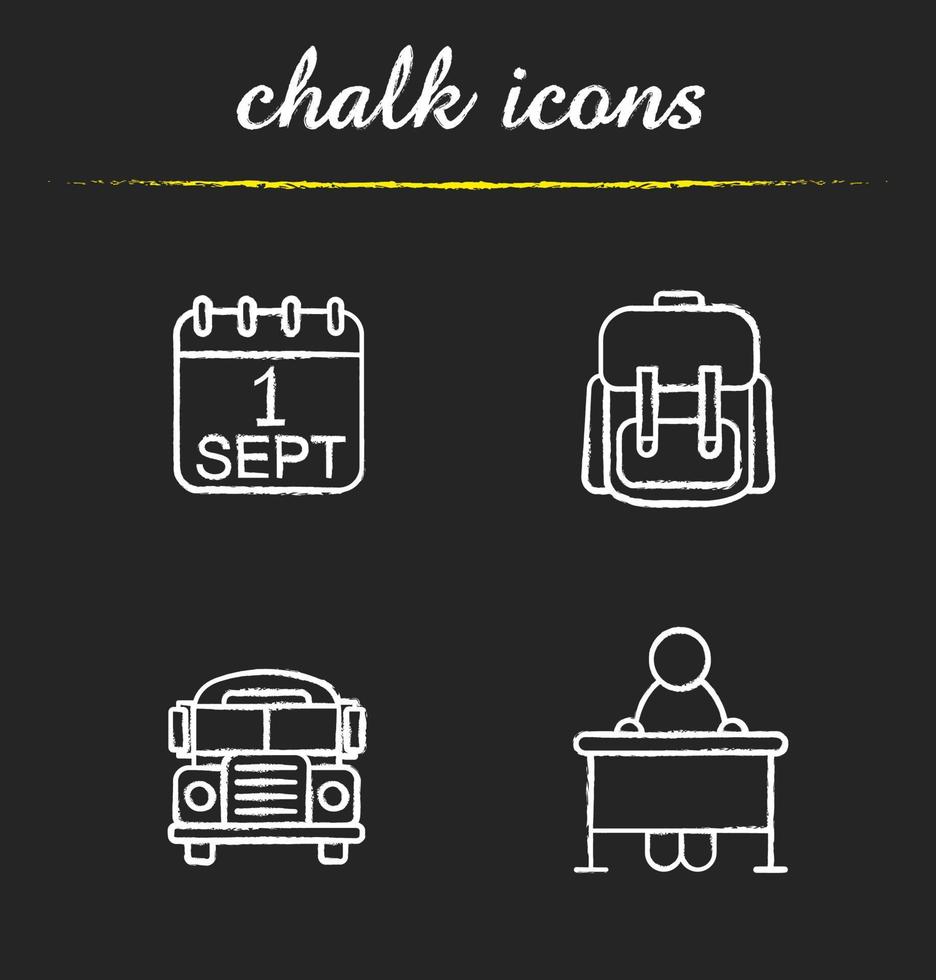 School and education chalk icons set. September 1st date, school bus, student's rucksack, pupil sitting at desk. Isolated vector chalkboard illustrations