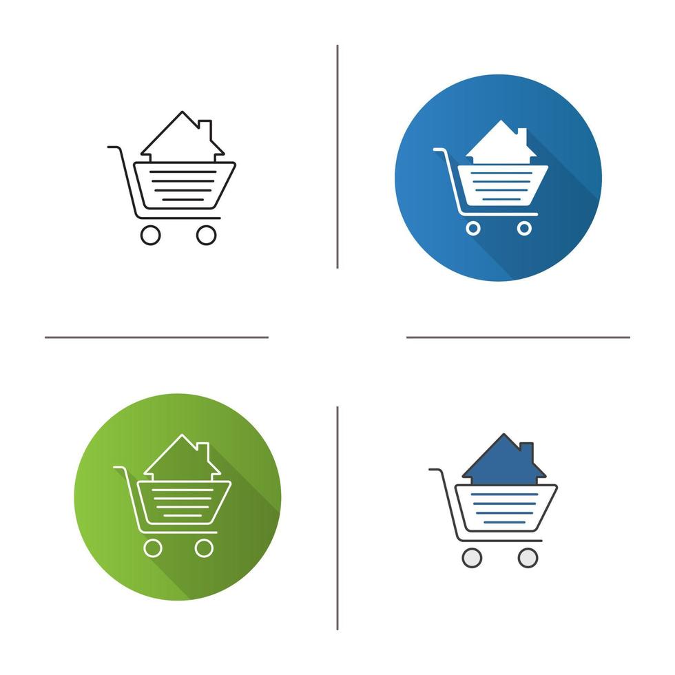 Shopping cart with house inside icon. Flat design, linear and color styles. Property purchase. Isolated vector illustrations