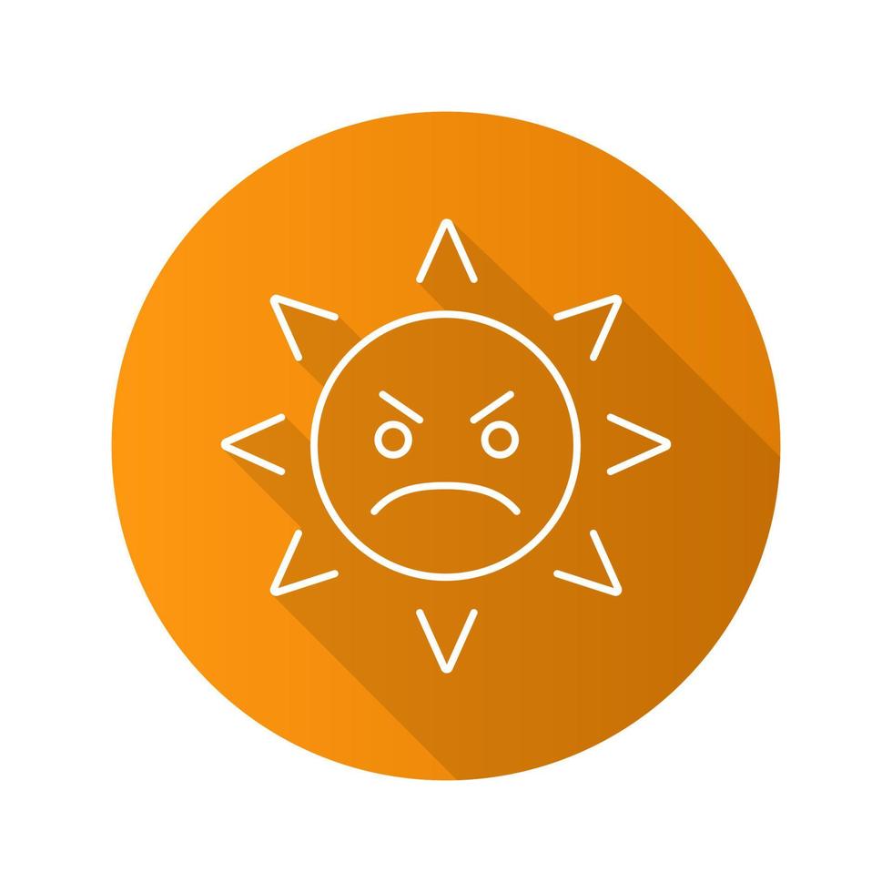 Angry sun smile flat linear long shadow icon. Frowned sun face. Vector outline symbol