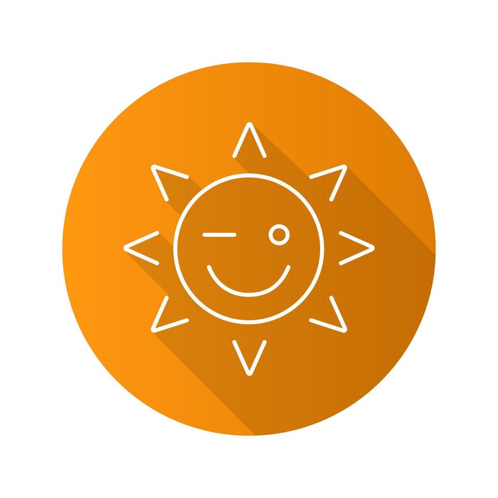 Winking sun smile flat linear long shadow icon. Happy and funny sun face. Vector outline symbol