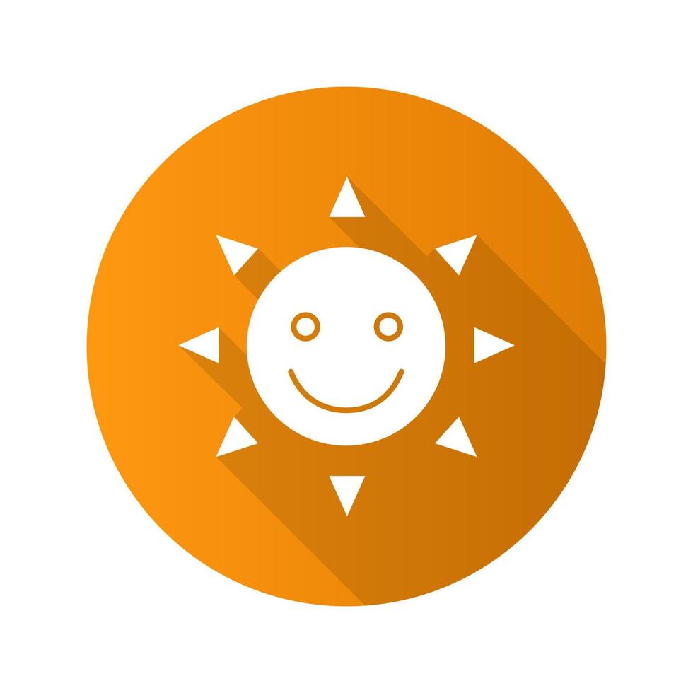 sonrisa de sol feliz y divertida. icono de glifo de larga sombra de diseño plano. buen humor. Hora de verano. ilustración de silueta de vector