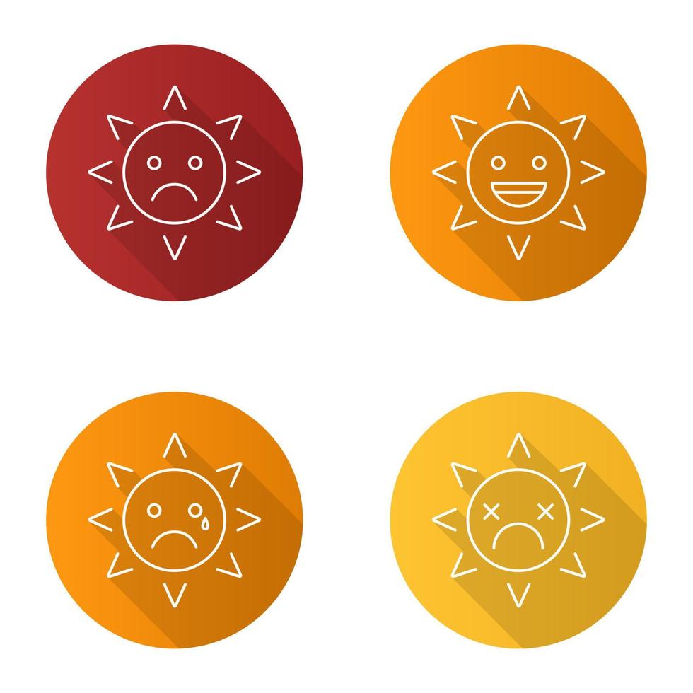 Sun smiles flat linear long shadow icons set. Sad, teary, dead, laughing sun smiles. Good and bad mood. Vector outline illustration