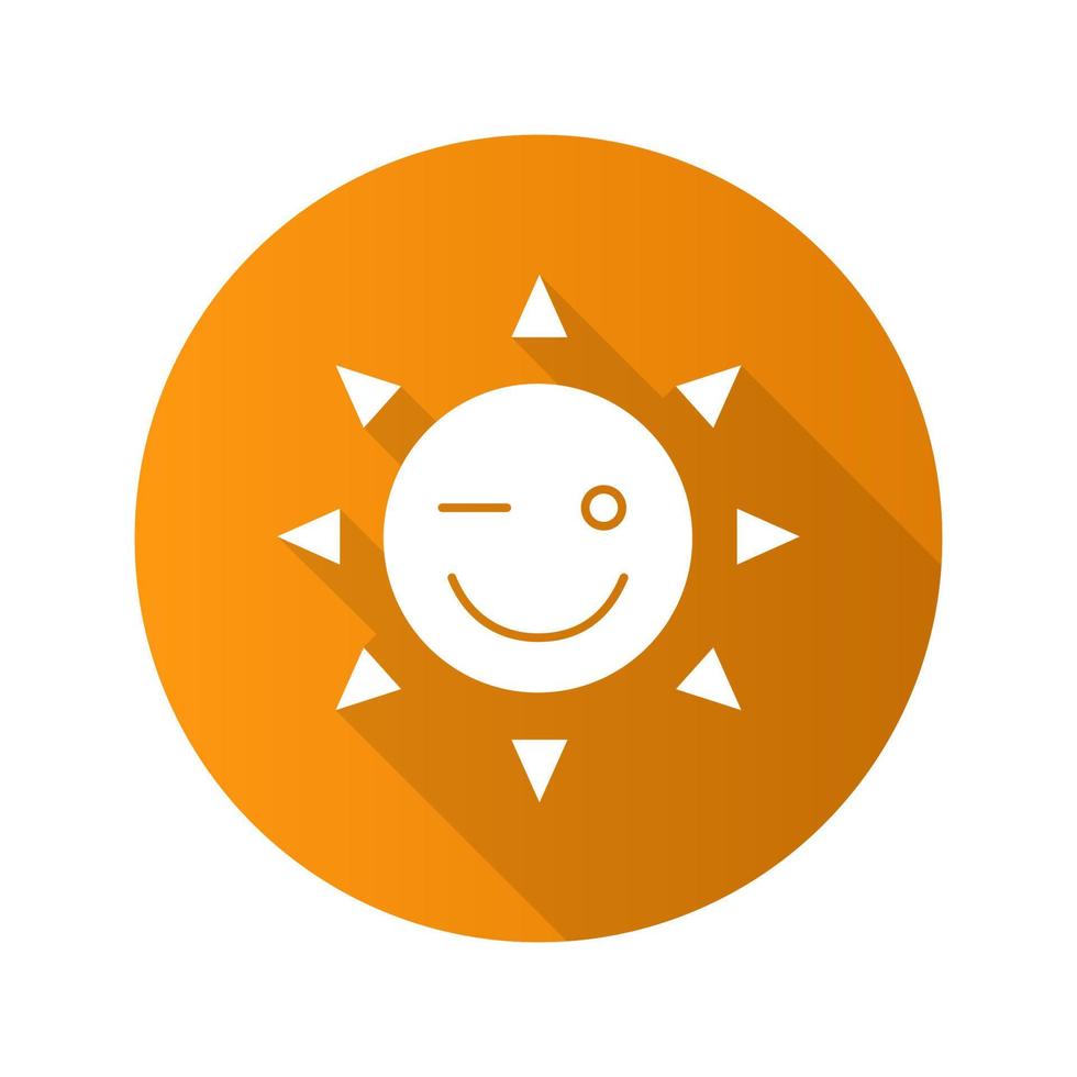 Winking sun smile flat design long shadow glyph icon. Good mood. Happy and funny sun face. Vector silhouette illustration