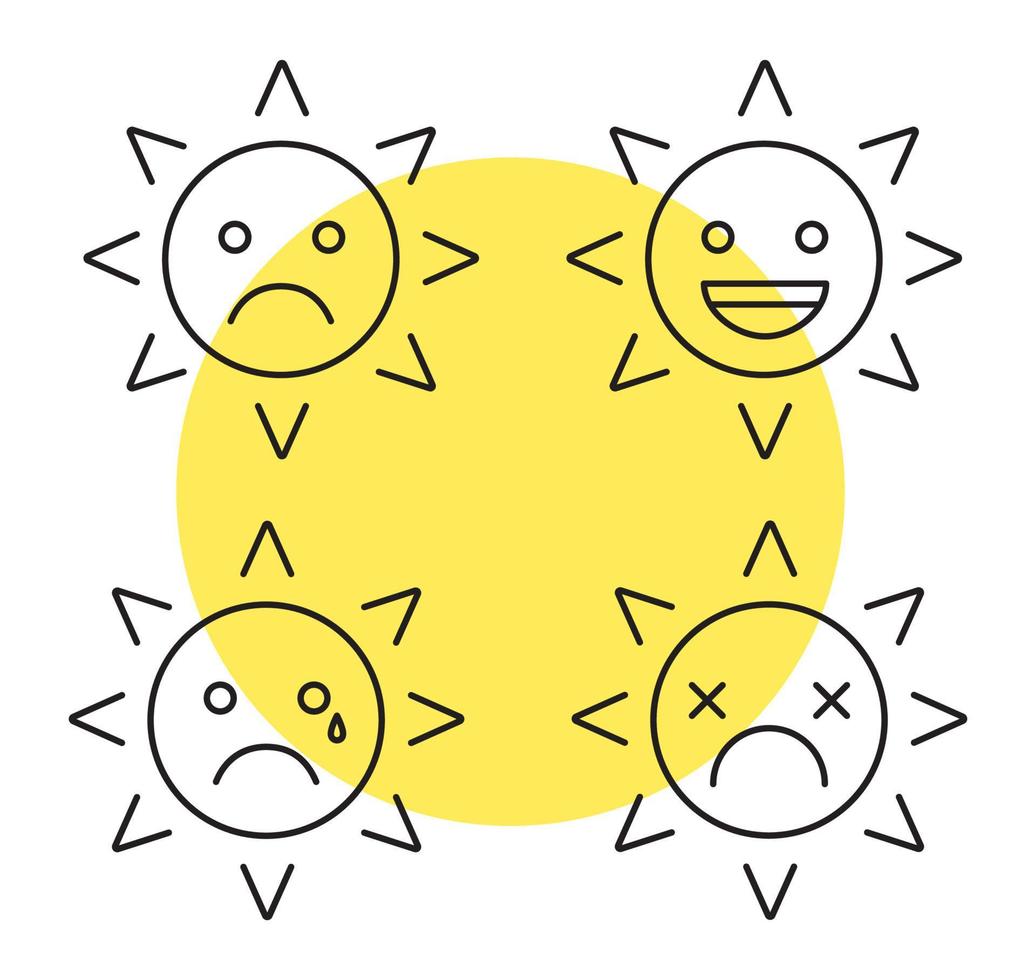 Sun smiles linear icons set. Sad, teary, dead, laughing sun smiles. Good and bad mood. Thin line contour symbols. Isolated vector outline illustrations