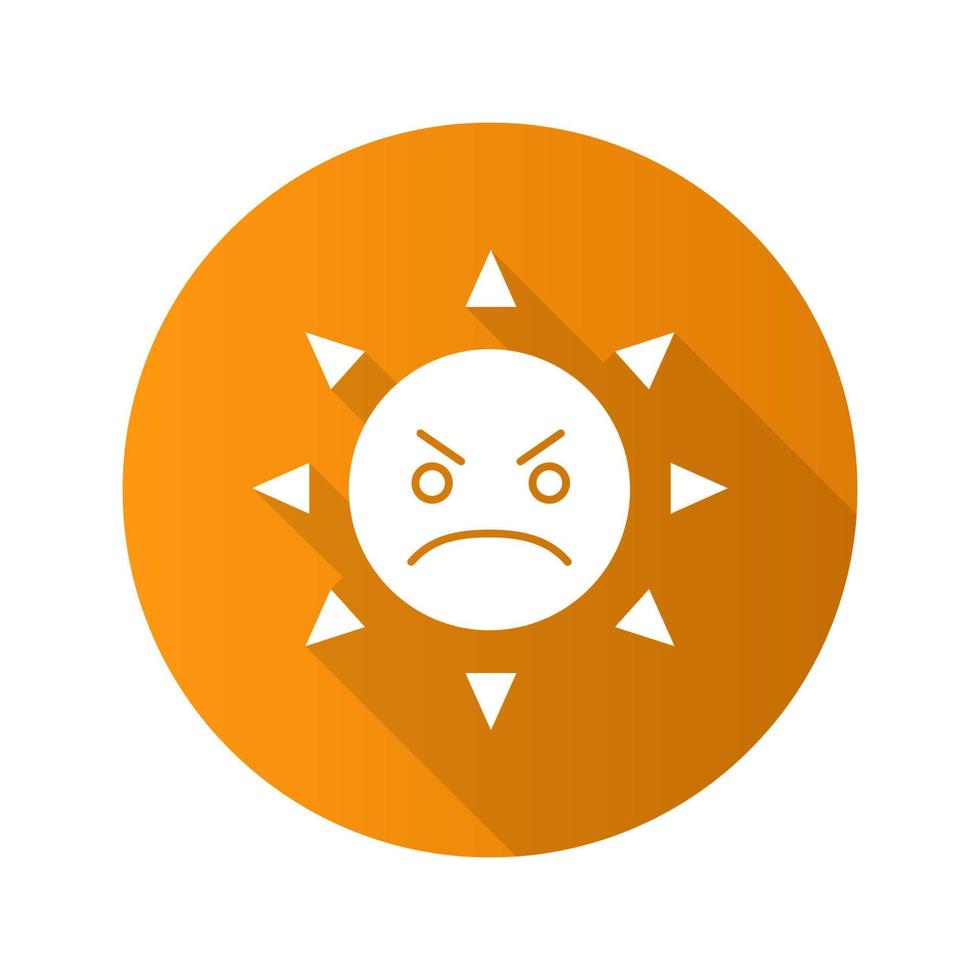 Angry sun smile flat design long shadow glyph icon. Bad mood. Frowned sun face. Vector silhouette illustration