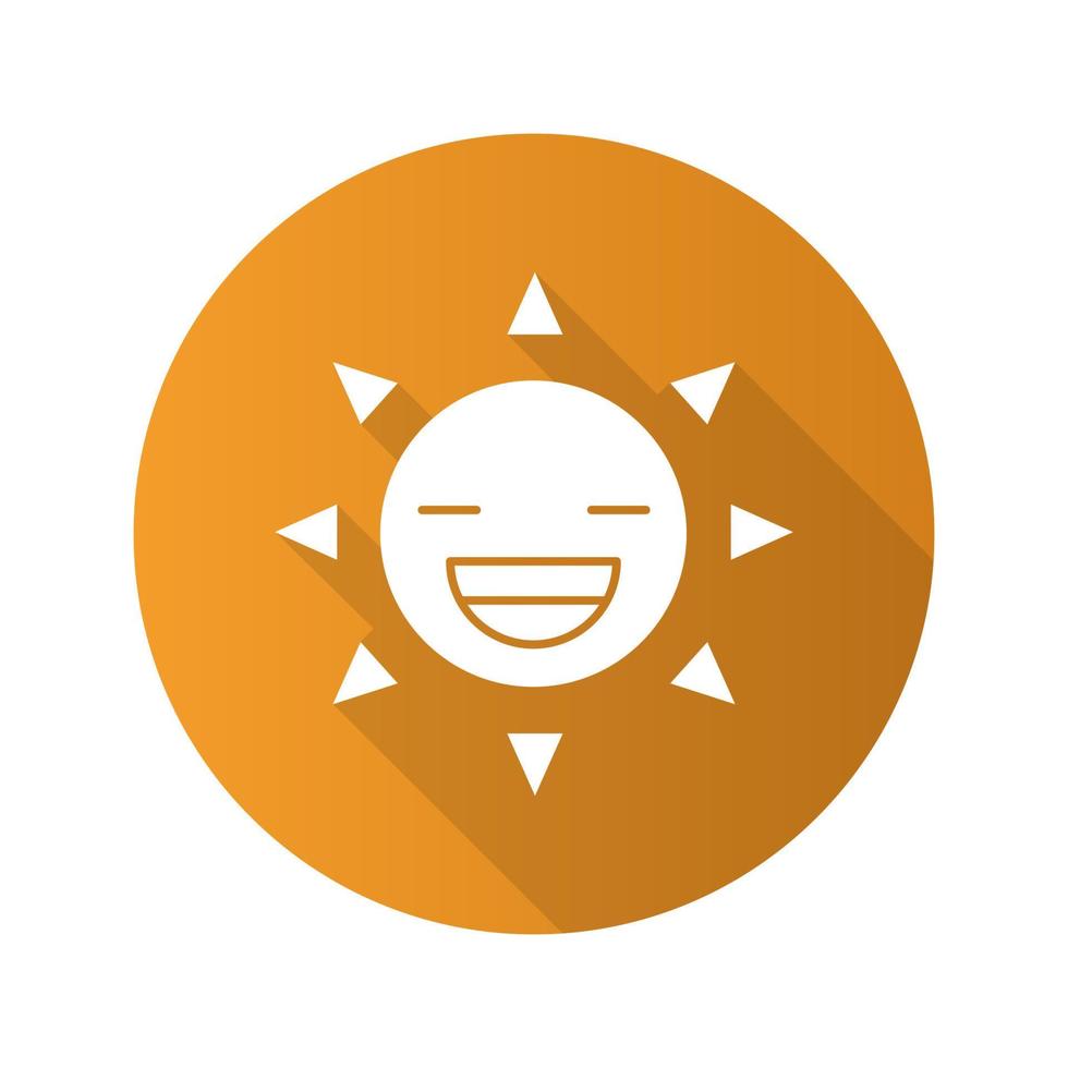 Laughing sun smile flat design long shadow glyph icon. Good mood. Happy sun face with broad smile and closed eyes. Vector silhouette illustration