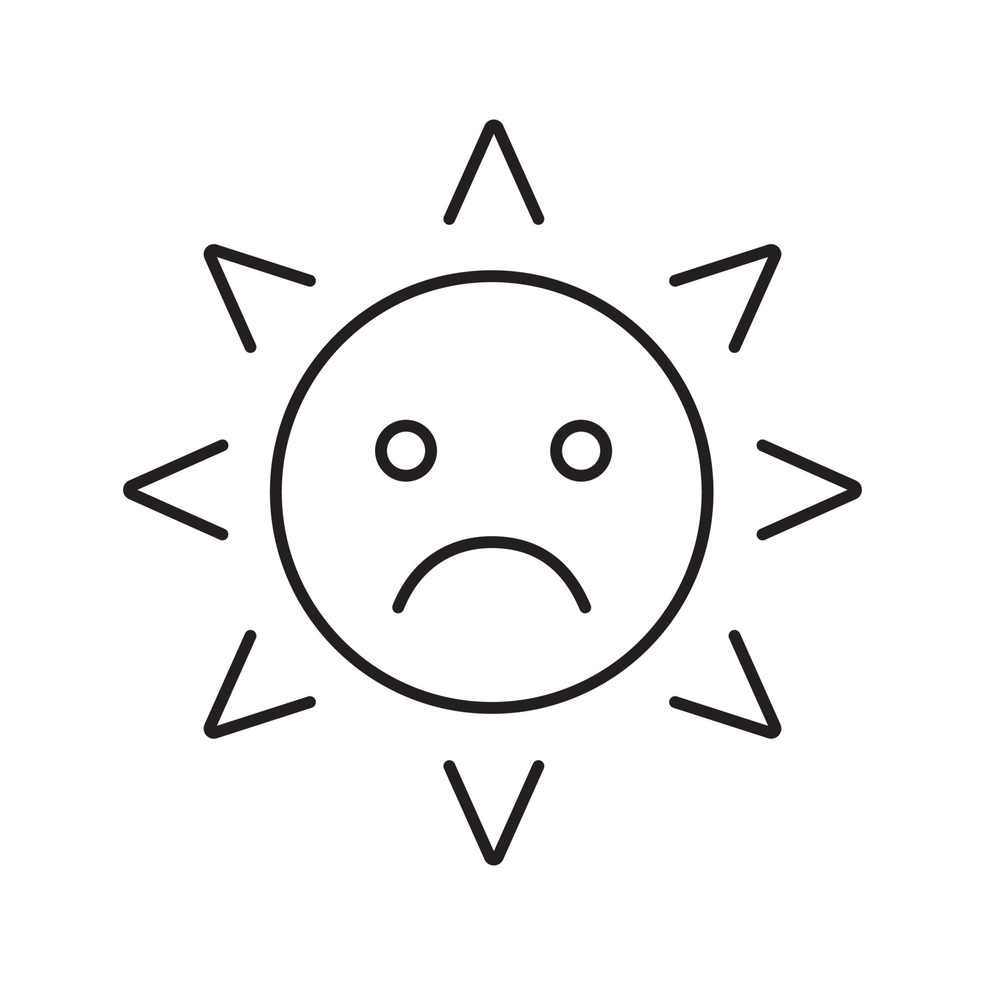 Sad sun smile linear icon. Bad mood thin line illustration. Emoticon