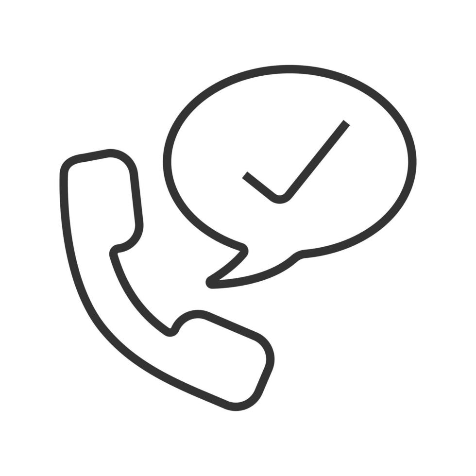 Confirmation by phone linear icon. Thin line illustration. Handset with tick mark inside speech bubble. Contour symbol. Vector isolated outline drawing