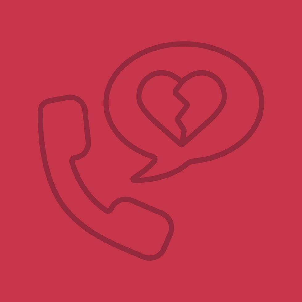Breakup by phone linear icon. Handset with heartbreak inside chat bubble. Thin line outline symbols on color background. Vector illustration