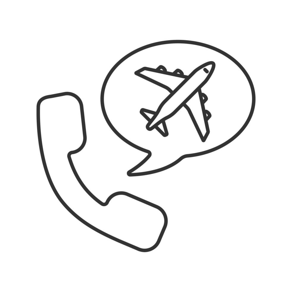 Plane tickets order by phone linear icon. Thin line illustration. Handset with airplane inside chat box. Call to travel agency. Contour symbol. Vector isolated outline drawing