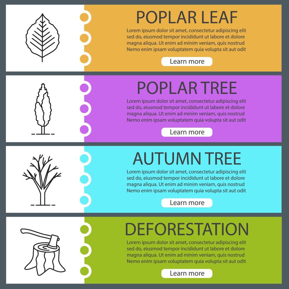 Forestry web banner templates set. Poplar tree and leaf, deforestation, tree without leaves. Website color menu items with linear icons. Vector headers design concepts