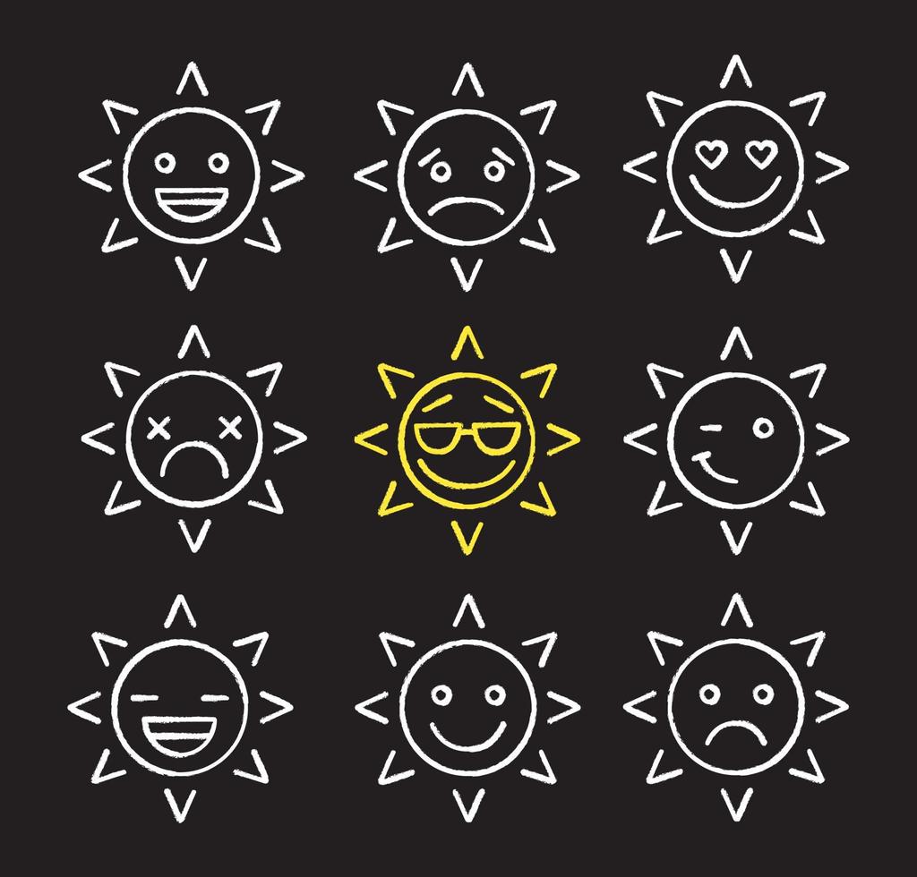 Sun smiles chalk icons set. Bad and good mood. Winking, smiling, dead, happy, cool, in love, yummy sad sun smiles. Isolated vector chalkboard illustrations