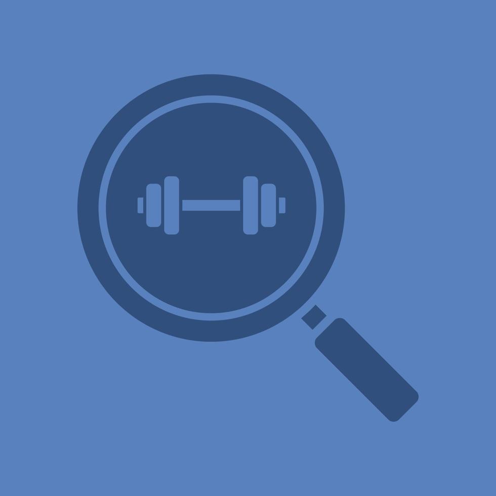 Gym search glyph color icon. Silhouette symbol. Magnifying glass with gym barbell. Fitness center nearby. Negative space. Vector isolated illustration