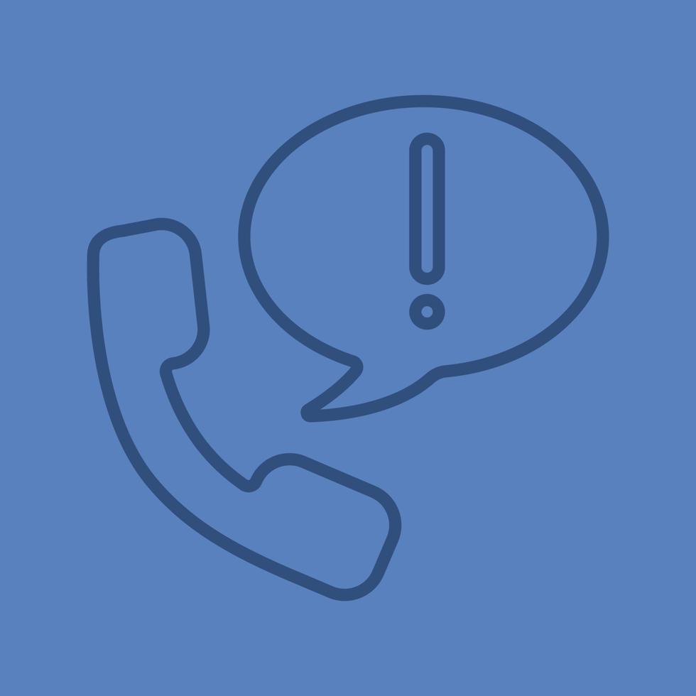 Important announcement by phone linear icon. Handset with exclamation mark inside speech bubble. Thin line outline symbols on color background. Vector illustration