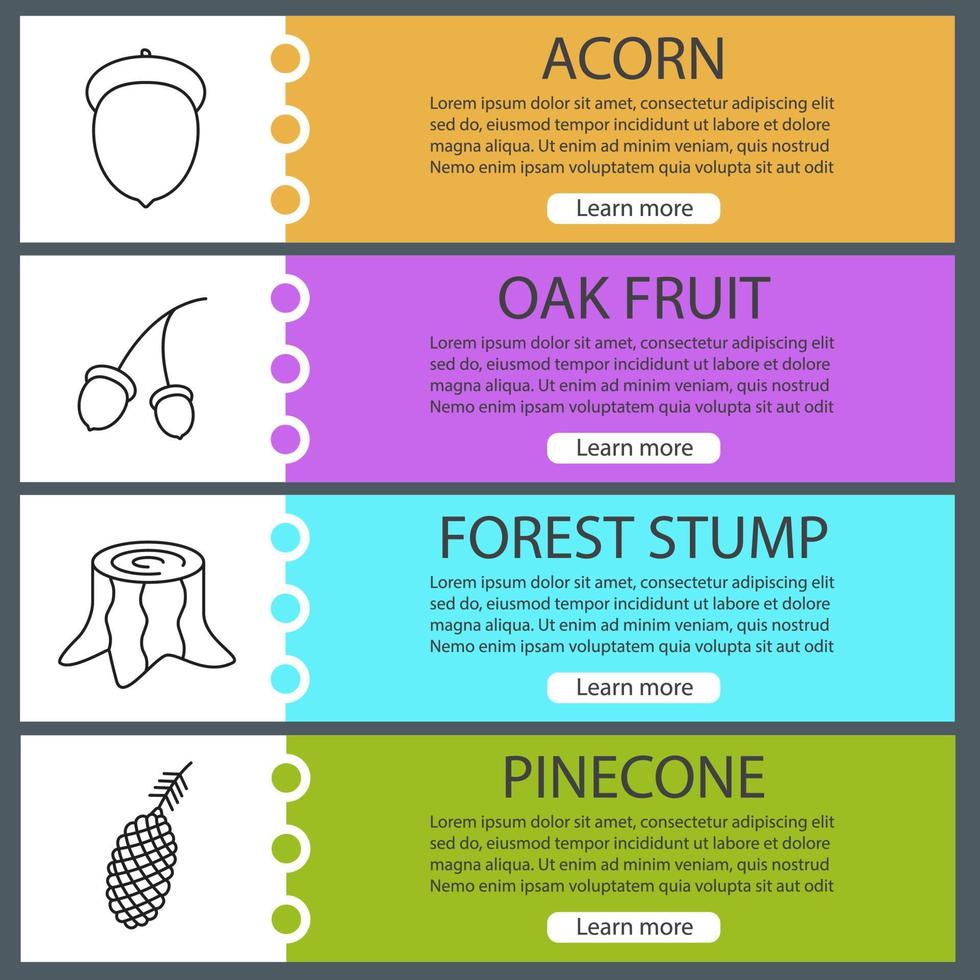 Forestry web banner templates set. Acorn, stump, pine cone, oak fruit. Website color menu items with linear icons. Vector headers design concepts