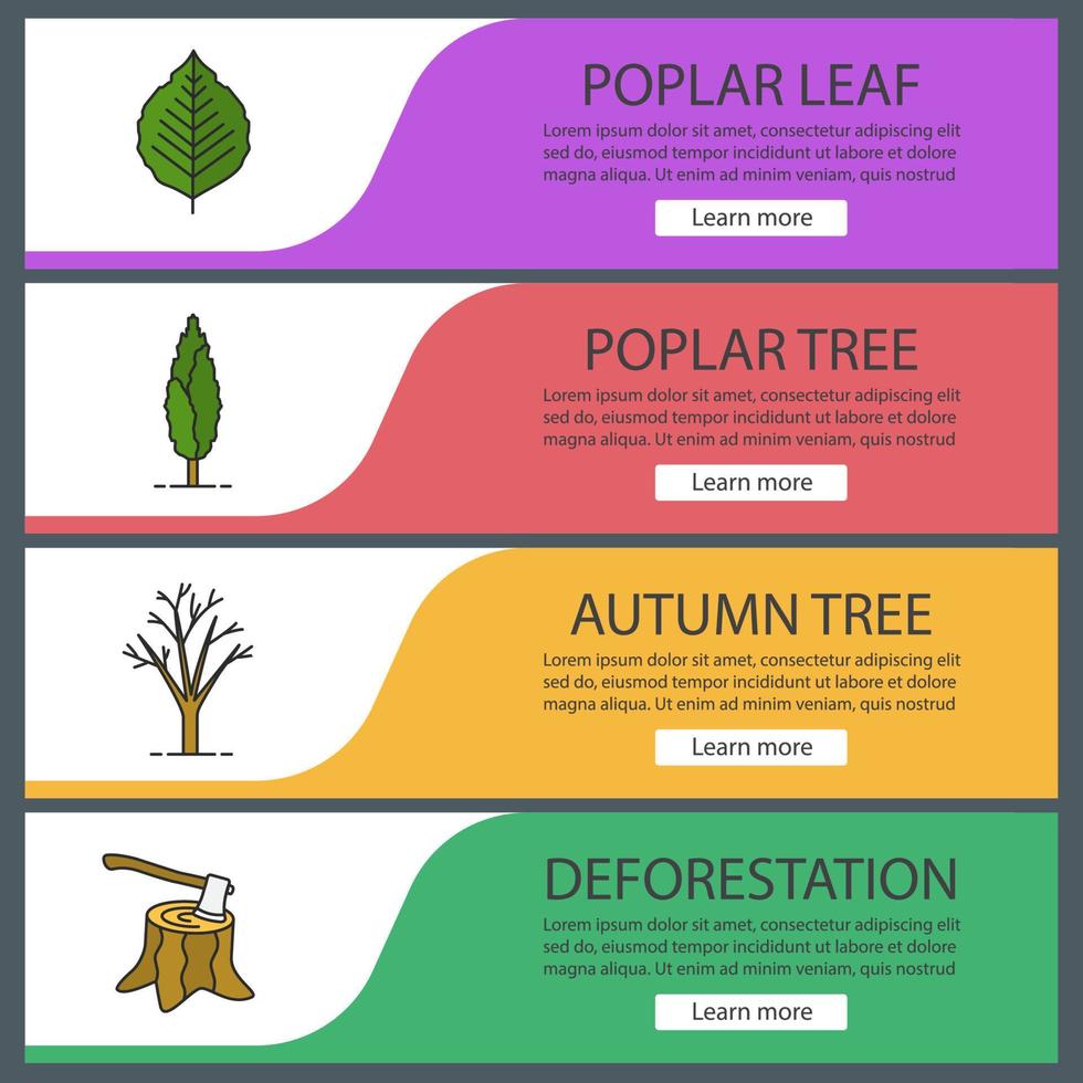 Conjunto de plantillas de banner web de árboles. tocón con hacha, álamo, árbol y hoja. elementos del menú de color del sitio web. conceptos de diseño de encabezados vectoriales vector