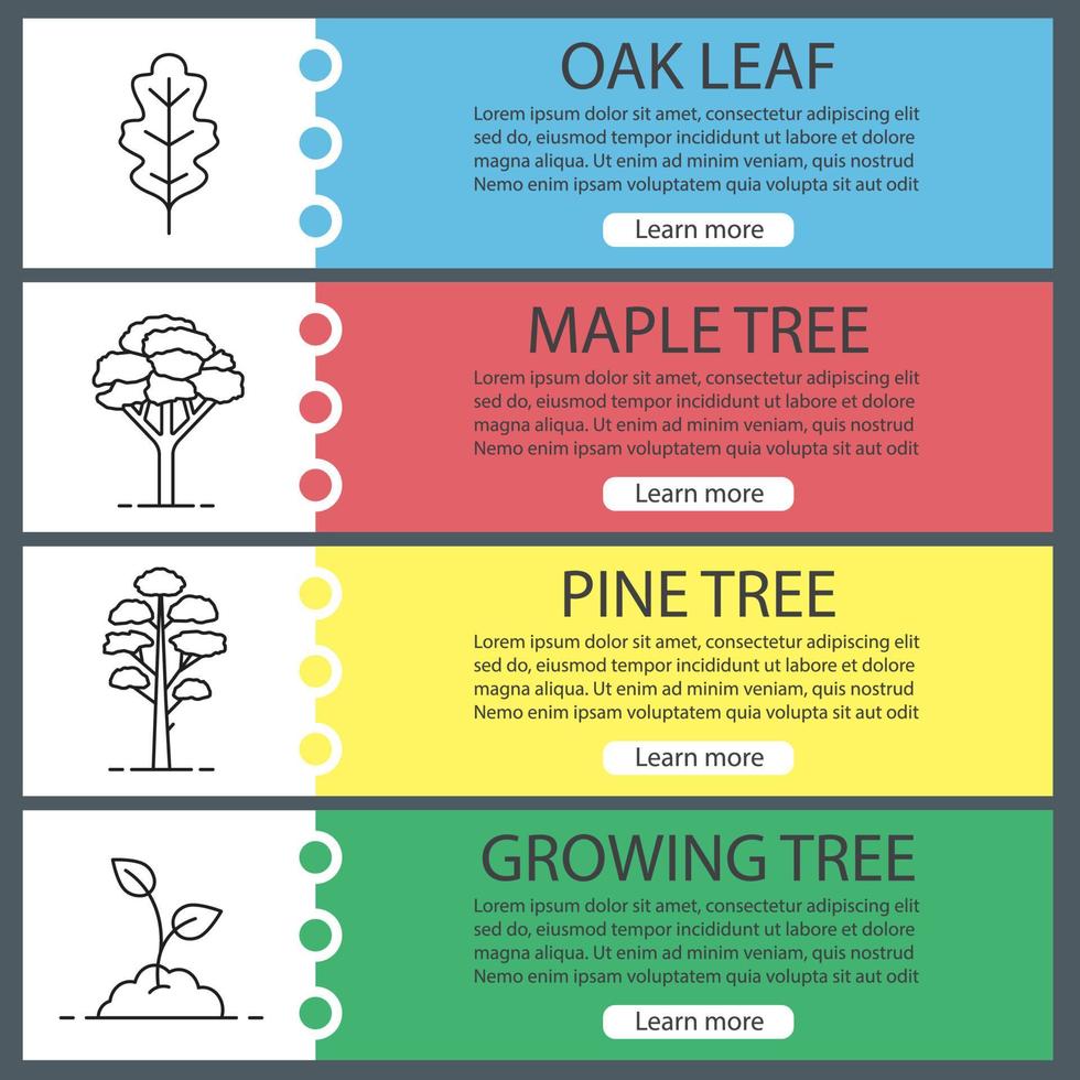 Forestry web banner templates set. Oak leaf, maple and pine trees, growing sprout. Website color menu items with linear icons. Vector headers design concepts
