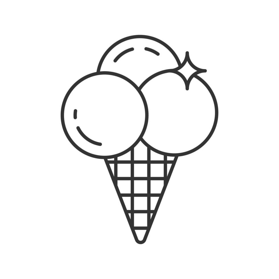 Ice cream linear icon. Thin line illustration. Ice cream balls in waffle cone. Contour symbol. Vector isolated outline drawing