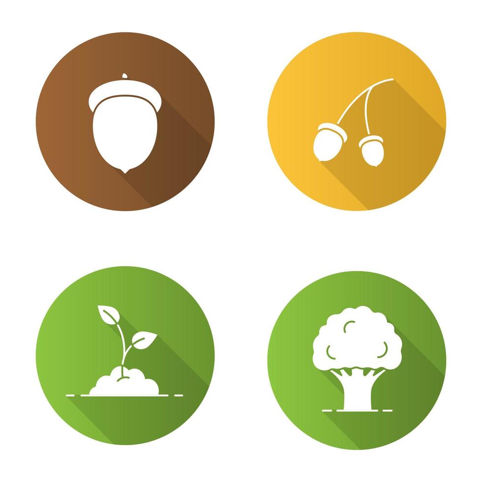 Forestry flat design long shadow glyph icons set. Oak tree and fruit, growing sprout. Vector silhouette illustration