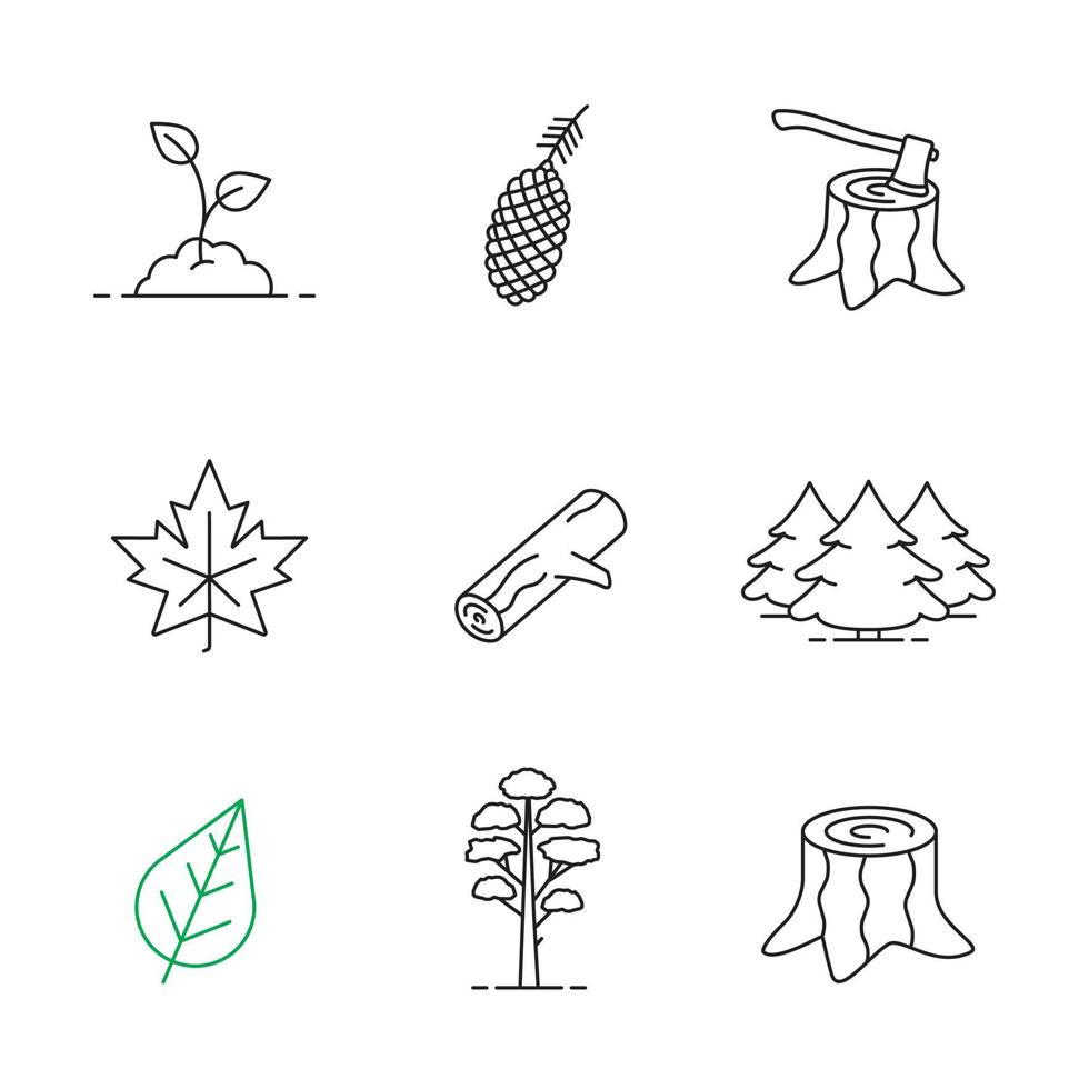 Forestry linear icons set. Pine cone and tree, growing sprout, deforestation, stumps, fir forest, maple leaf, firewood. Thin line contour symbols. Isolated vector outline illustrations