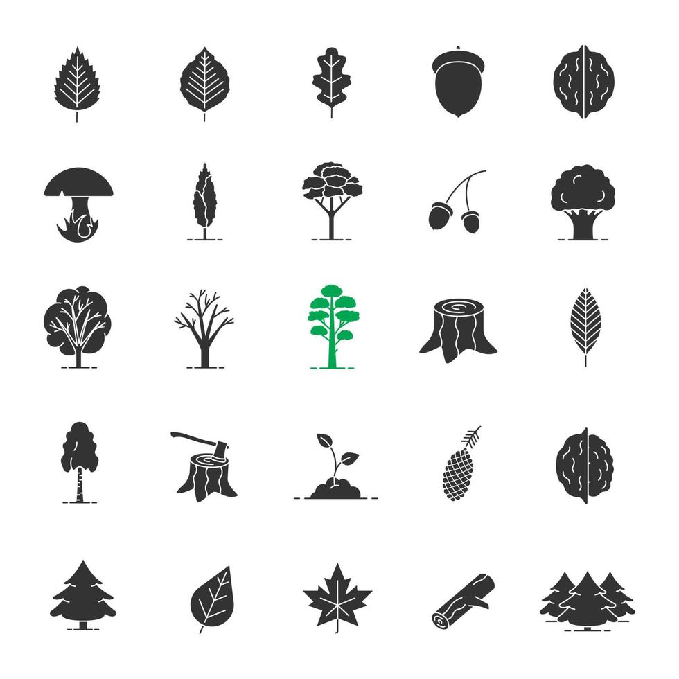 Conjunto de iconos de glifos de tipos de árboles. símbolos de silueta forestal. parque Forestal. vector ilustración aislada