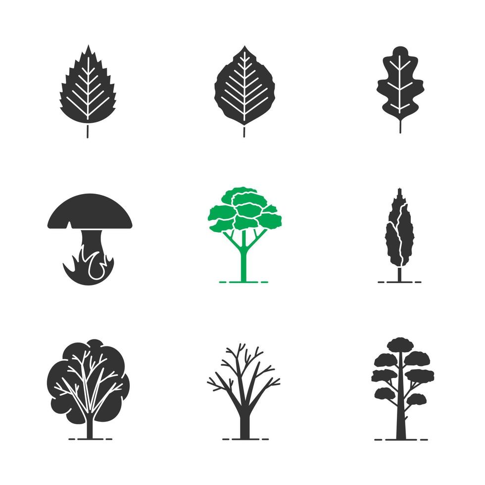 Trees glyph icons set. Silhouette symbols. Poplar, birch, oak leaves and trees, mushroom, pine. Vector isolated illustration