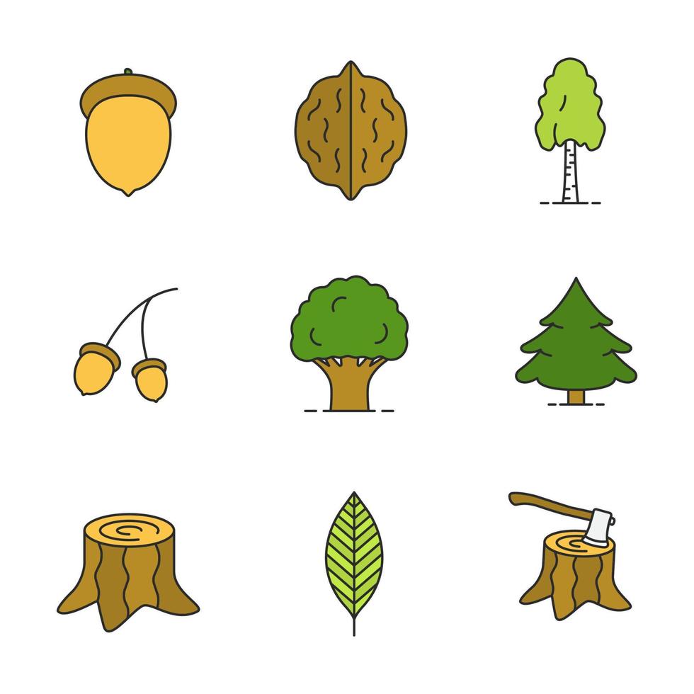 Forestry color icons set. Acorns, walnut leaf, birch, oak, fir trees, stump with axe. Isolated vector illustrations