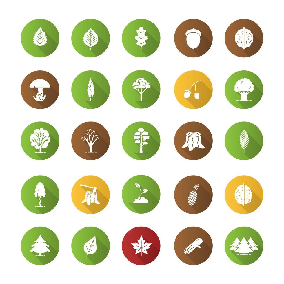 Tree types flat design long shadow glyph icons set. Forest, park. Forestry. Vector silhouette illustration