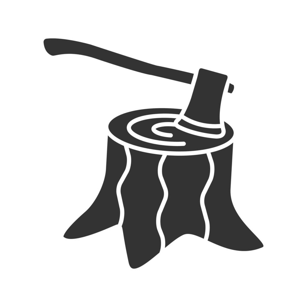 Deforestation glyph icon. Silhouette symbol. Stump with axe inside. Negative space. Vector isolated illustration