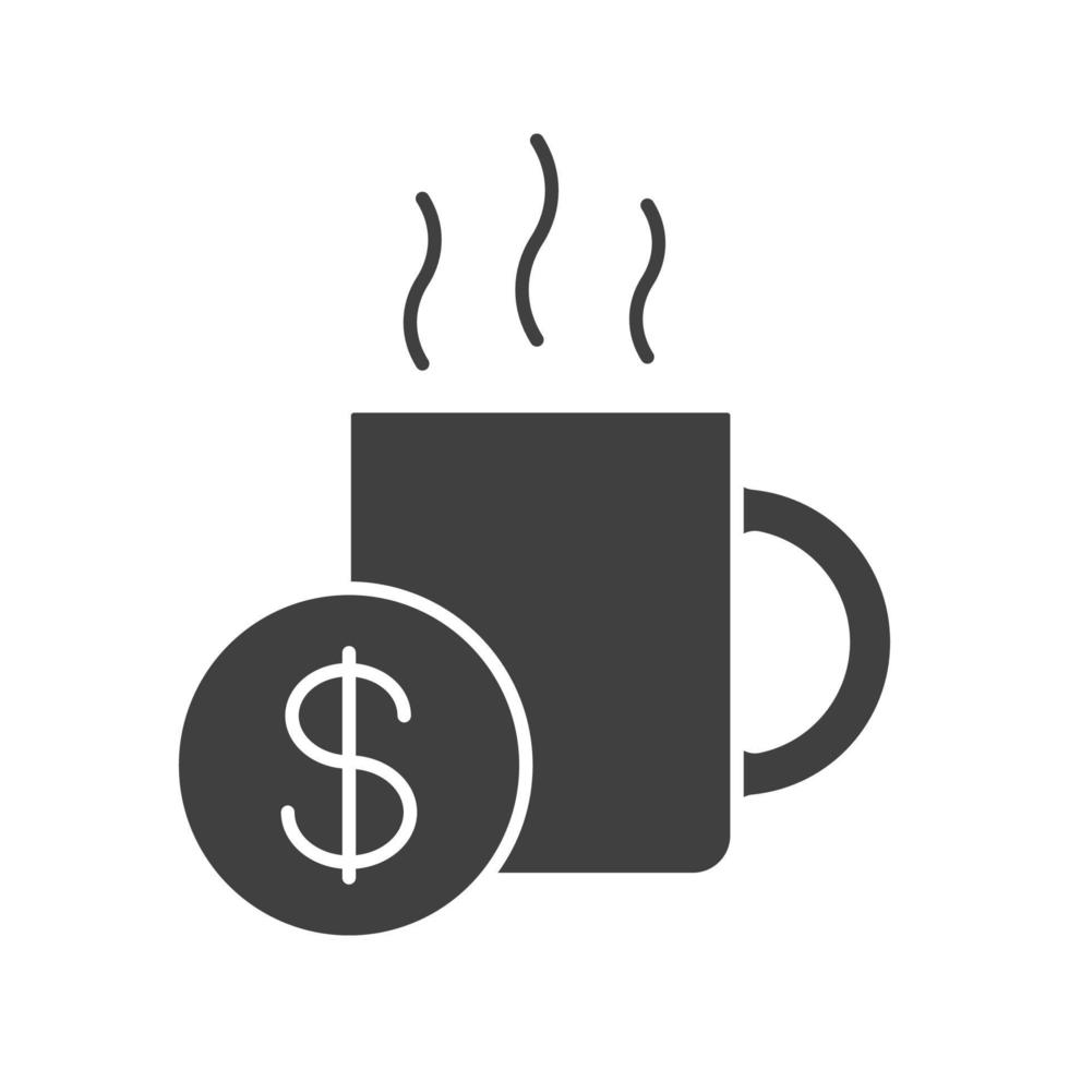 Buy cup of tea glyph icon. Silhouette symbol. Hot steaming mug with dollar sign. Negative space. Vector isolated illustration