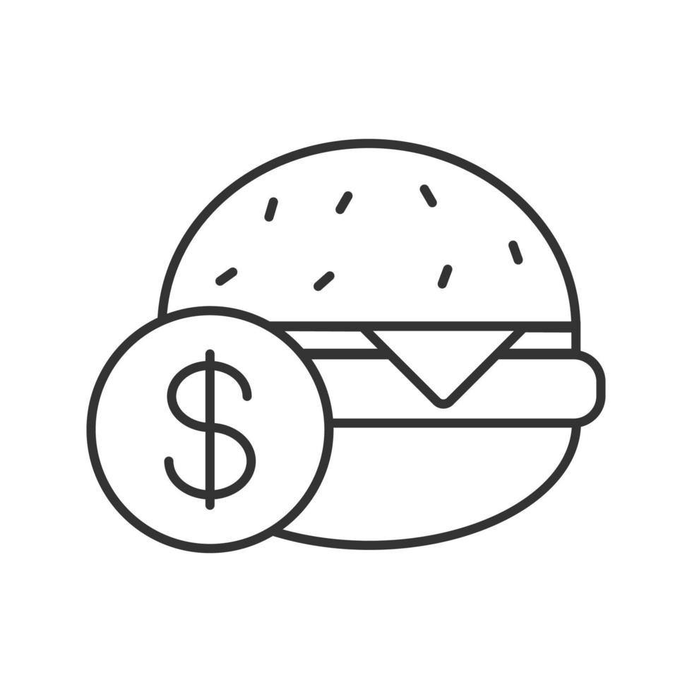 Buy hamburger linear icon. Thin line illustration. Burger price. Contour symbol. Vector isolated outline drawing