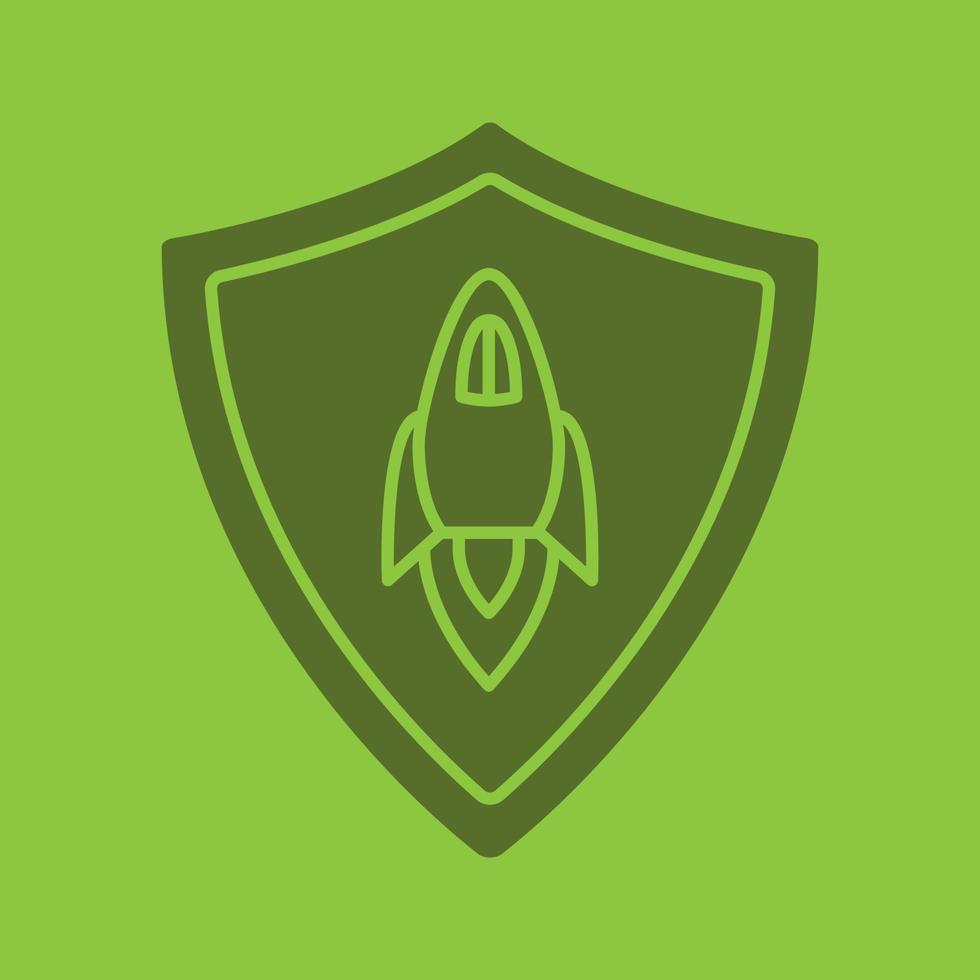 Startup projects protection glyph color icon. Silhouette symbol. Security shield with spaceship. Negative space. Vector isolated illustration