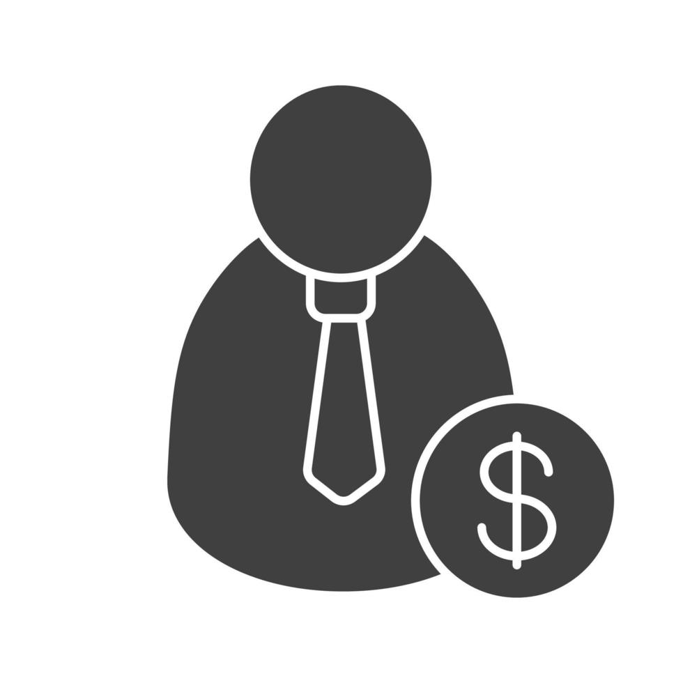 icono de glifo de contratación de personal. símbolo de la silueta del empleador. hombre con signo de dólar. espacio negativo. vector ilustración aislada