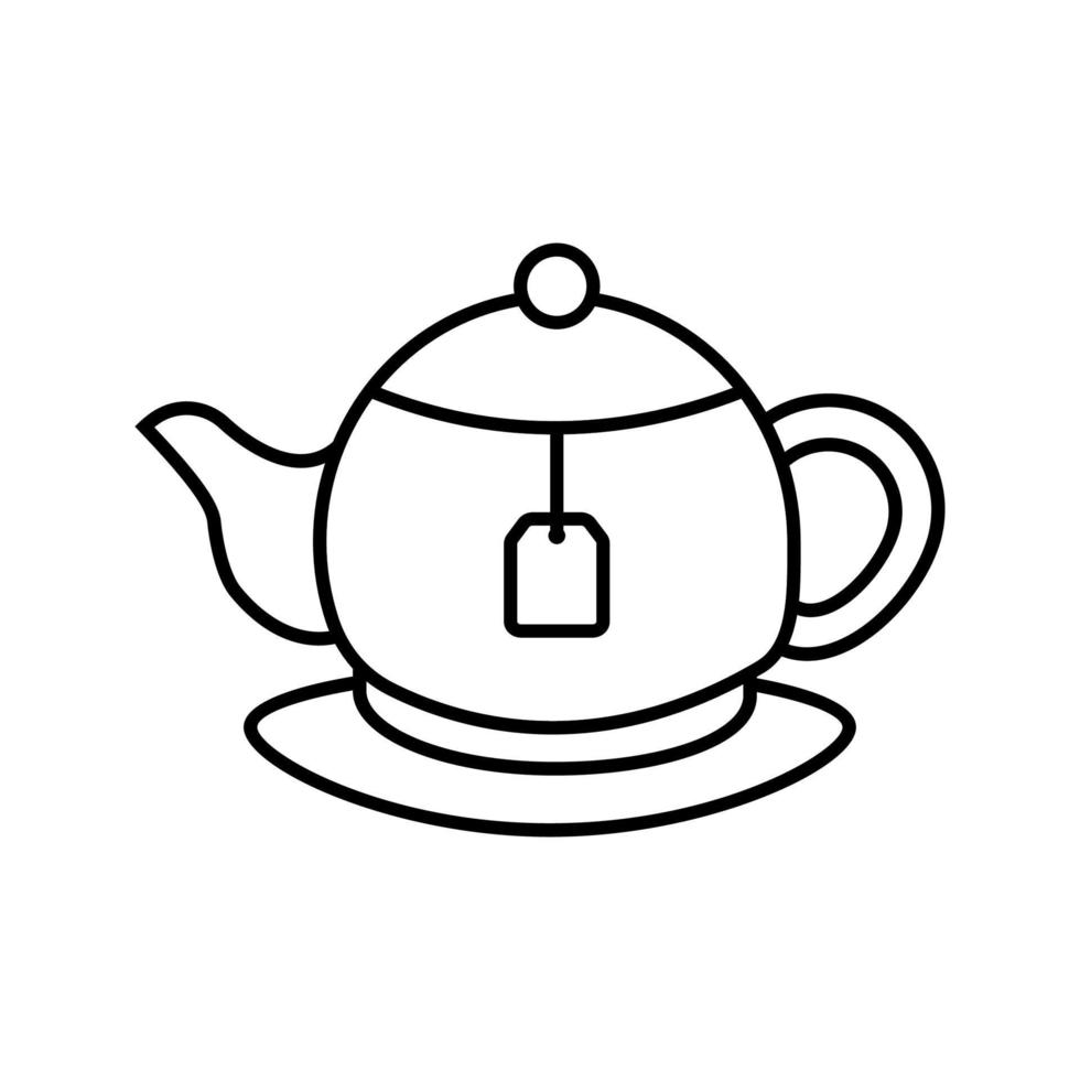 Tea brewing linear icon. Thin line illustration. Teapot with label. Contour symbol. Vector isolated outline drawing