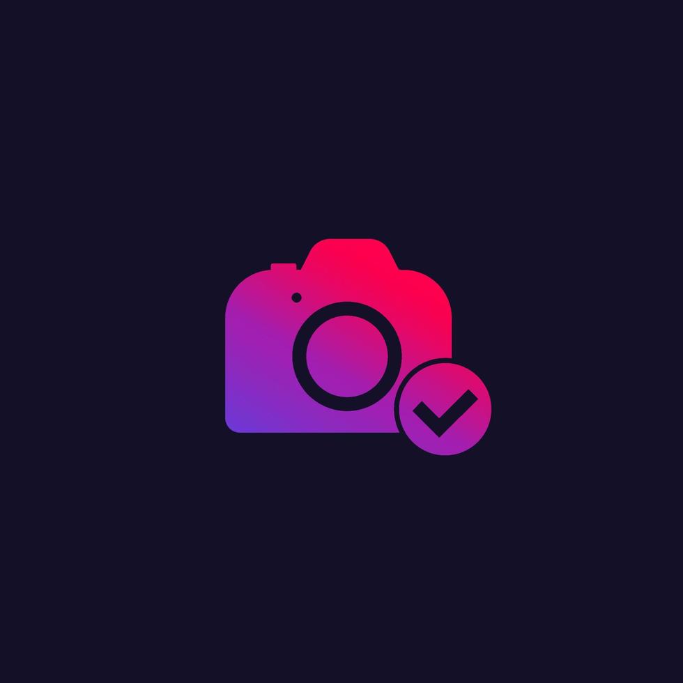 camera icon with check mark, tick vector