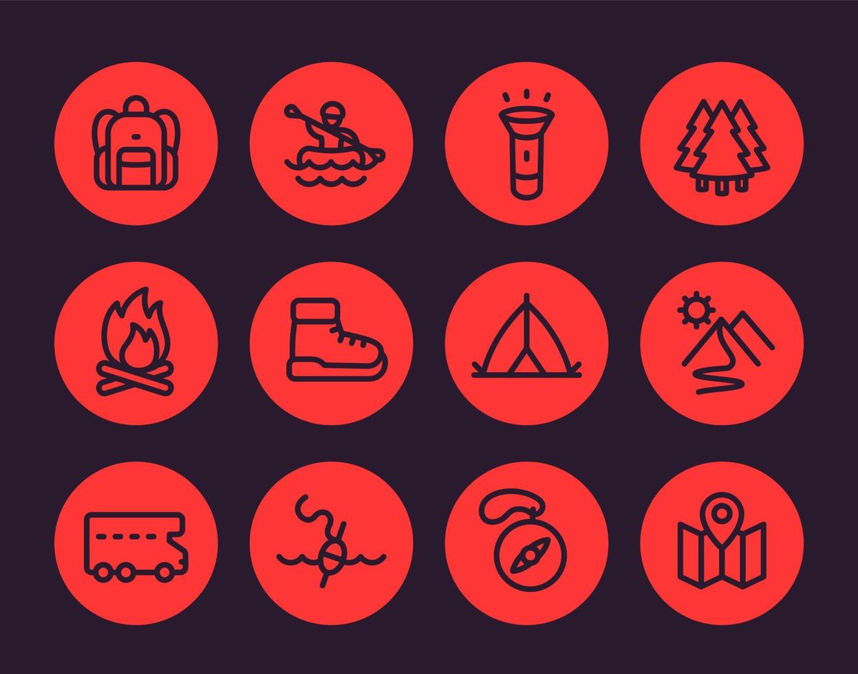 Camping, hiking, outdoor adventure icons set in linear style vector