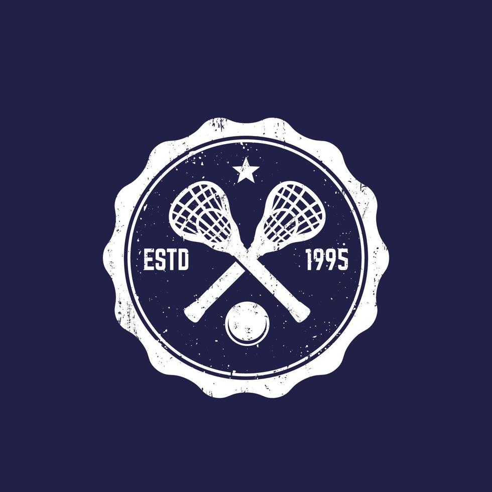 insignia vintage de lacrosse, emblema retro con palos y pelota vector