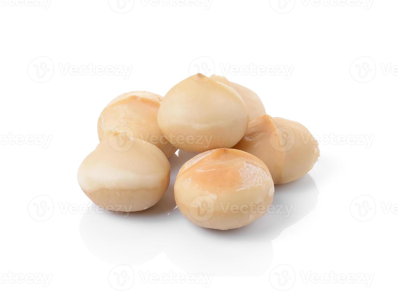 Nueces de macadamia sobre fondo blanco. foto