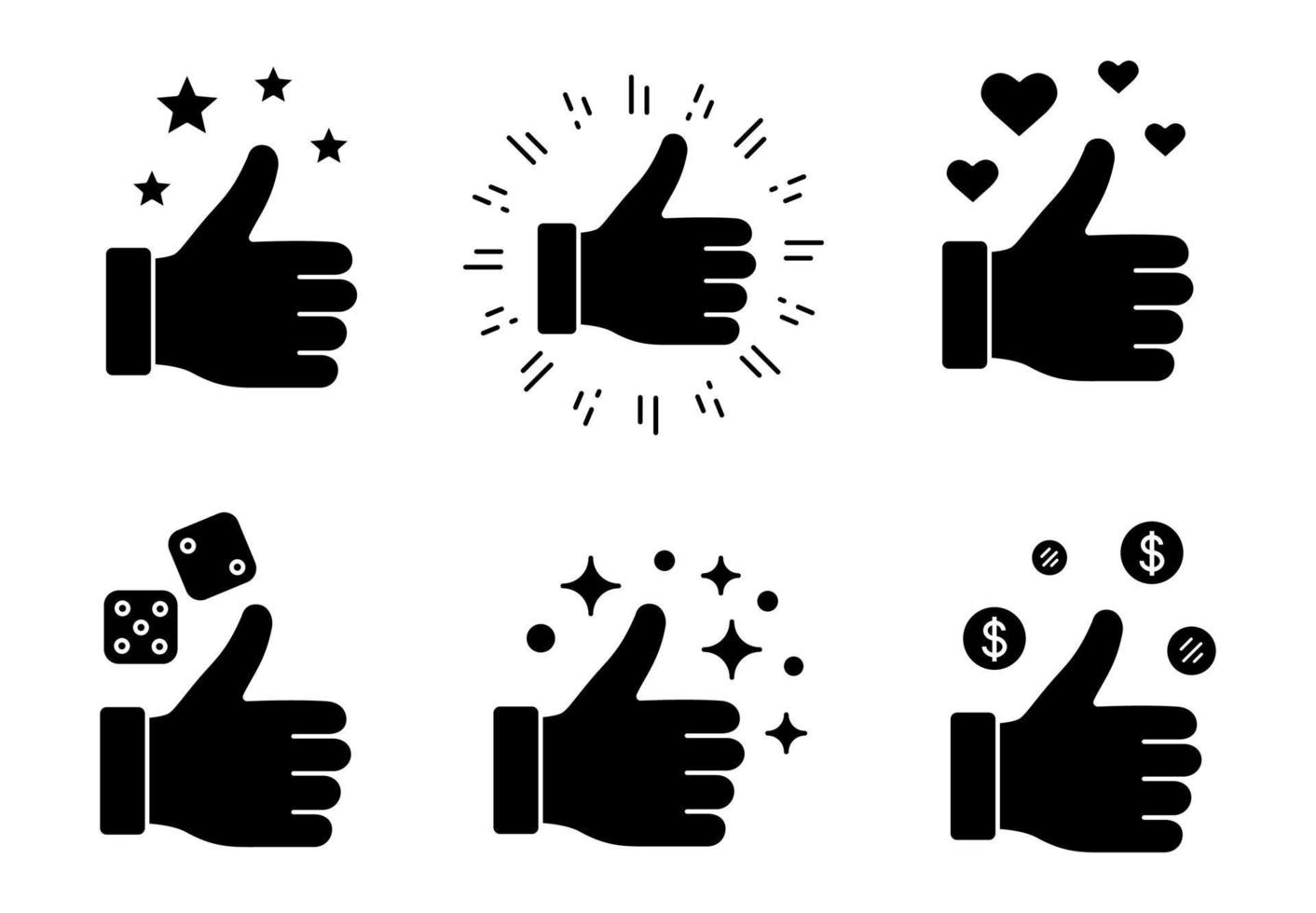 Like glyph icons set. Silhouette symbols. Good luck. Thumbs up. Good, nice, ok, cool, success hand gesture. Social media. Vector isolated illustration
